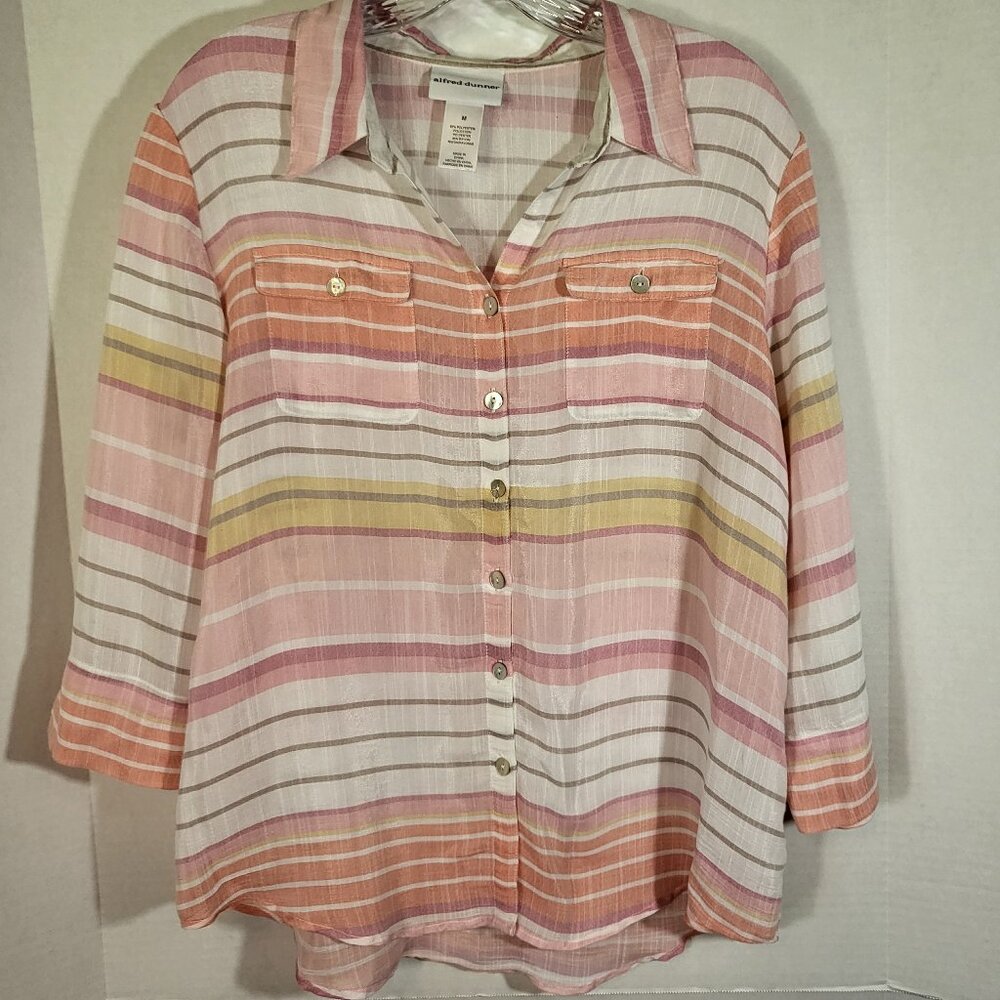 Alfred Dunner Women's Striped Button Front Shirt Size Medium Peach/Yellow Stripe